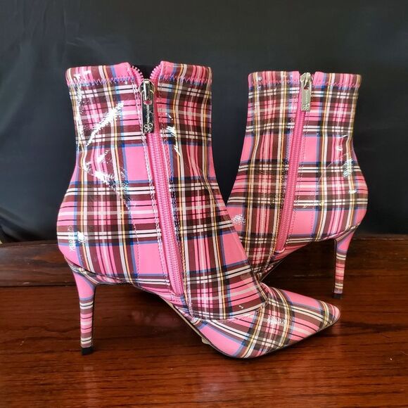 Jessica Simpson High Heel Ankle Boots Pink Plaid Size 6 - Picture 1 of 11